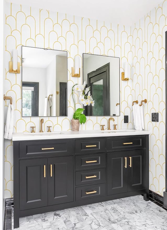 Yasinet Peel and Stick Wallpaper White and Gold Wallpaper Geometric Contact Paper Modern Stripe White Gold Removable Self Adhesive Wall Paper Decorative Wall Bedroom Vinyl Film 17.3''x118''