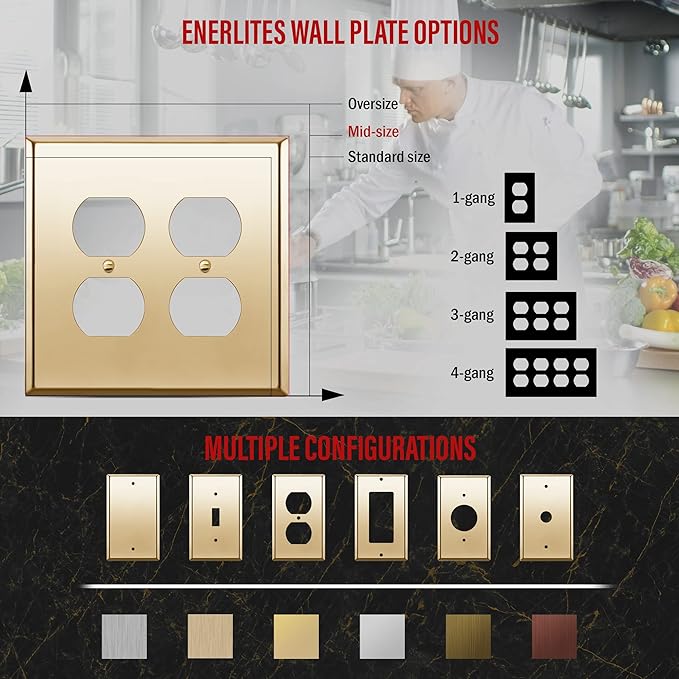ENERLITES Dual Duplex Receptacle Metal Wall Plate, Stainless Steel Outlet Cover, Corrosion Resistant, Mid-Size 2-Gang 4.88" x 4.92", Stainless Steel 201, 7722M-PB, Polished Brass