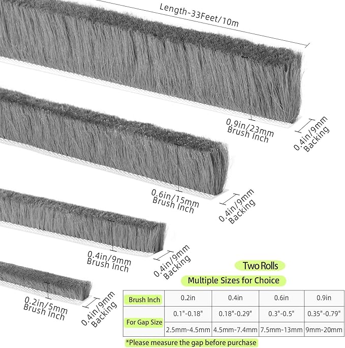 ZOMPAGO Strong Adhesive Brush Weather Stripping 2 Rolls 0.4in (T）x 0.4in (W) x 33FT, Door Seal for Sliding Windows & Doors,Soundproof Noise Blocker,Draft Stopper for Garage Door Frame & Exterior Doors