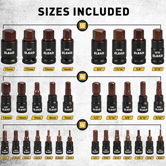 35-Piece Master Hex Bit Socket Set, 1/4", 3/8", 1/2" Drive Allen Socket Set H2-H19, 5/16"-3/4", Premium CR-V & S2 Alloy Steel, Ratchet Wrench, Sockets Adapter, High Torque for Automotive Mechanic