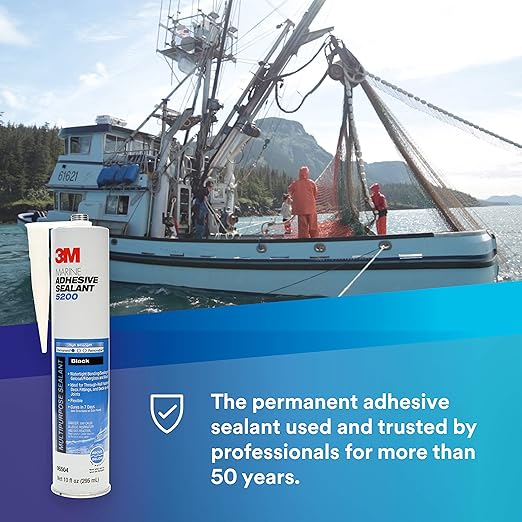 3M Marine Adhesive Sealant 5200 (06504) Permanent Bonding and Sealing for Boats and RVs Above and Below the Waterline Waterproof Repair, Black, 10 fl oz Cartridge with Nozzle
