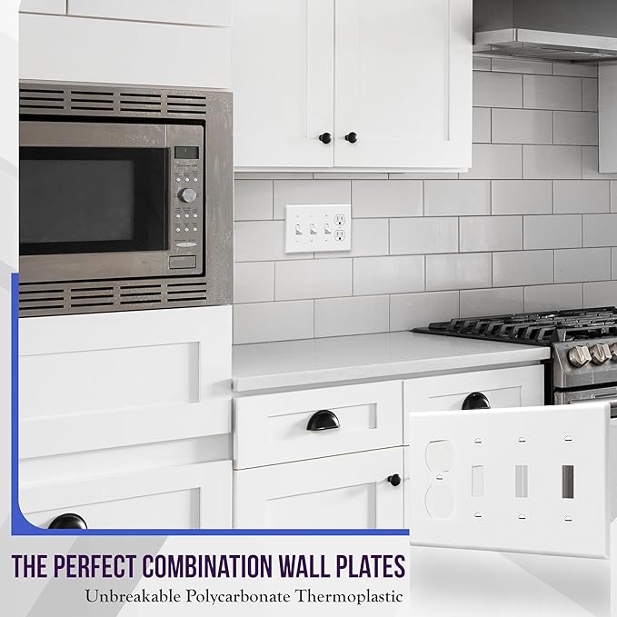 ENERLITES Combination Triple Toggle/Single Duplex Receptacle Outlet Wall Plate, Standard Size 4-Gang Light Switch Cover (4.50" x 8.19"), Polycarbonate Thermoplastic, UL Listed, 881321-W, White