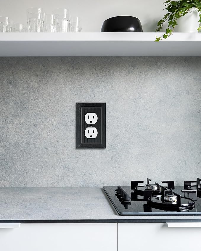 2-Pack Classic Beadboard Duplex Outlet Cover Plate, Decorative Unbreakable Polycarbonate Switch Plates and Outlet Covers, Matte Black Wall Plates for Electrical Outlets, 1 Gang Receptacle Cover