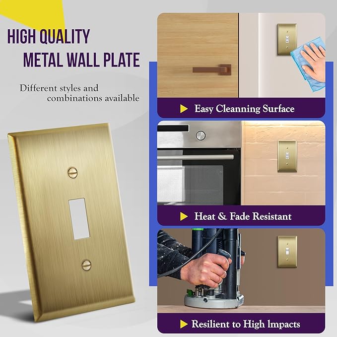 ENERLITES Toggle Light Switch Metal Wall Plate, Stainless Steel Switch Cover, Corrosion Resistant, Size 1-Gang 4.50" x 2.76", Stainless Steel 201, 7711-BB, Brushed Brass, Gold