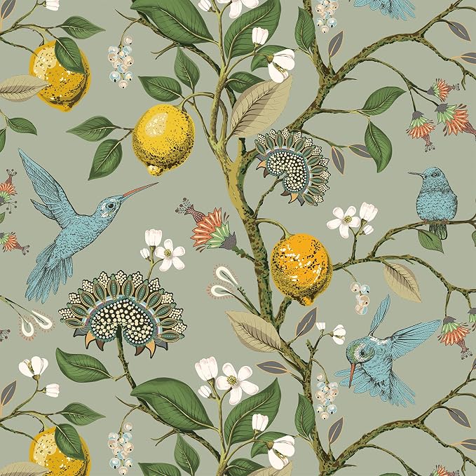 Livelynine Green Floral Bird Wallpaper Peel and Stick Vintage Retro Renter Friendly Wallpaper Kitchen Cabinet Contact Paper Waterproof Gold Lemon Tree Blue Birds Self Adhesive Wall Murals 17.5x78.8"