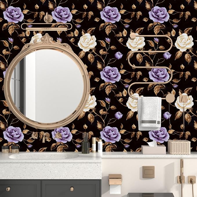 Dark Purple Gold Rose Floral Wallpaper Peel and Stick 17.5''x393'' | Self Adhesive/Removable/Waterproof/Thick Vinyl Contact Paper for Bathroom Bedroom Shelf Cabinet Drawer,Prepasted,Easy Peel