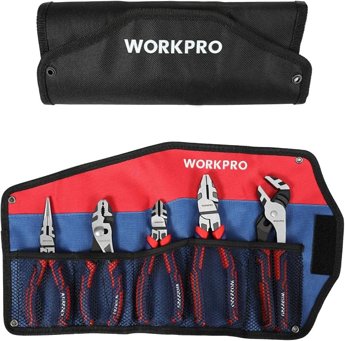 WORKPRO Pliers Set, 5-Piece Premium Cr-V Pliers Kit with Storage Pouch | 6 Inch Slip Joint, Long Nose, Diagonal Cutter, 8 Inch Groove Joint, 7 Inch Linesman, Ergonomic Grip, for Basic Repair