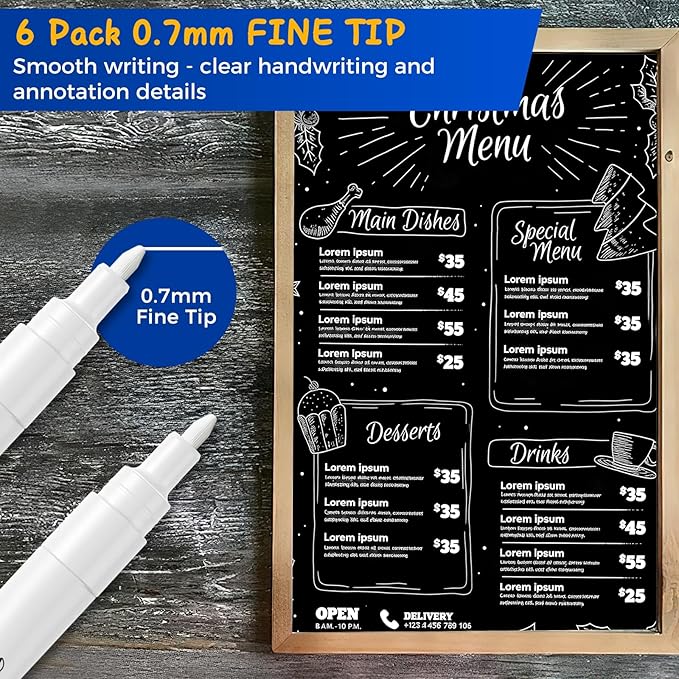 SFAIH Liquid Chalk Markers for Blackboard - White 6 Pack 0.7mm Fine Tip, Wet Erase Chalk Marker for Chalkboard, Menu, Bistro, Signs, Windows, Glass, Labels, Dust-Free [1s Wet Wipe] - No Residue