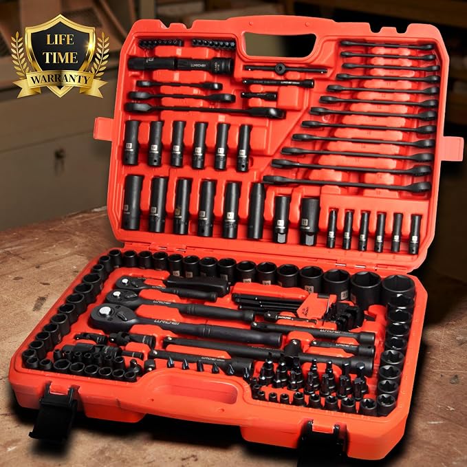 LLNDEI 160Pc Mechanics Socket Set 1/2 1/4 3/8" Drive Metric | CR-V Deep & Shallow Sockets, Metric, Quick Release Ratchet, Professional Tool Kit for Auto Repair, Truck, Garage & Home DIY