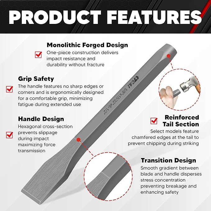 C&T 3-Piece Heavy Duty All Purpose Cold Chisels Kit, 3/8, 1/2, 5/8 in, for Carpentry, Metalwork, Woodwork & Masonry work