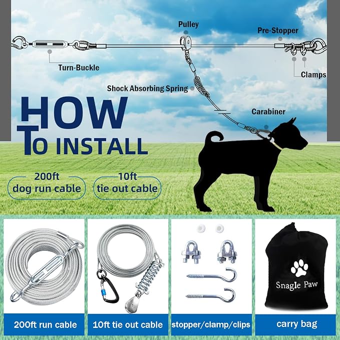 Dog Tie Out Runner for Yard,Trolley System for Large Dogs,Heavy Duty Dog Run Cable Lead 200ft with 10ft Pulley Runner Line for Small Medium and Large Dogs Up to 250lbs Running Outside Yard or Camping