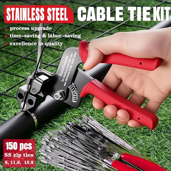 155PCS Heavy Duty 304 Stainless Steel Cable Tie Gun Kit | 150PCS Metal Zip Ties(3 Sizes), Self-Locking, UV & Corrosion Resistant, for Fence, Exhaust Wrap, Chicken Coop, Farm Use