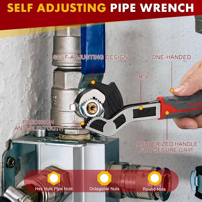 Self Adjusting Pipe Wrench, 4 Pcs Self locking Wrench, 6 8 10 12 Inch Pipe Wrench Set, Plumbing Wrench for 0.27“-1.7”(7-43mm) Pipe Fittings and Nuts, Chrome Vanadium Alloy Steel