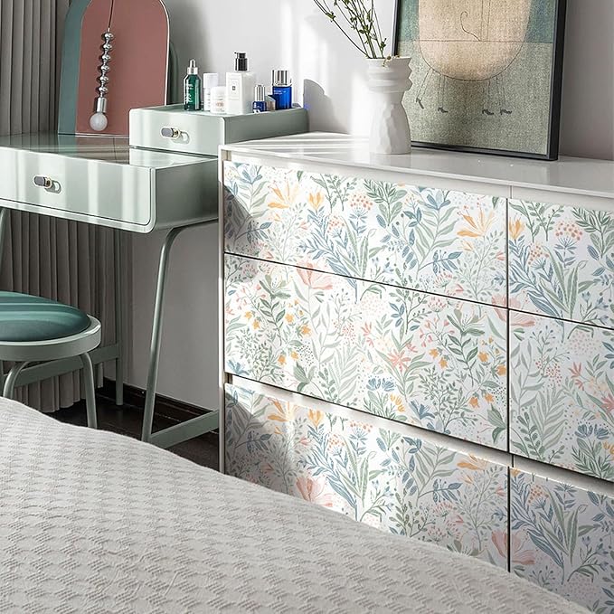 Fititem Floral Peel and Stick Wallpaper Boho Modern Wall Paper 17.3”×591” | Wildflower Self Adhesive Contact Paper for Cabinet Fun Nature Removable Waterproof Wallpaper for Bathroom Kids Bedroom Decor