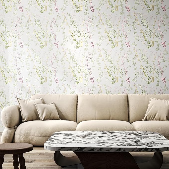 Timeet Floral Wallpaper Peel and Stick Botanical Wildflower Self Adhesive Wall Paper Removable Plant Vine Contact Paper for Living Room Bedroom Accent Decor 17.3" x 400"