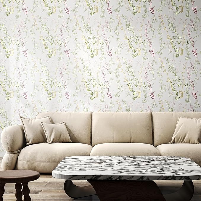 Timeet Floral Wallpaper Peel and Stick Botanical Wildflower Self Adhesive Wall Paper Removable Plant Vine Contact Paper for Living Room Bedroom Accent Decor 17.3" x 120"