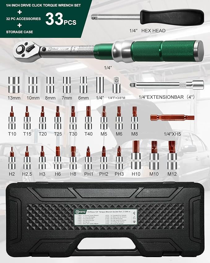 1/4" Drive 33Pcs Click Torque Wrench Set, 2-24 Nm | ±3% High Precision 72-Tooth Reversible Cr-V Tool for Auto, Motorcycle & Bicycle Repair with Storage Case