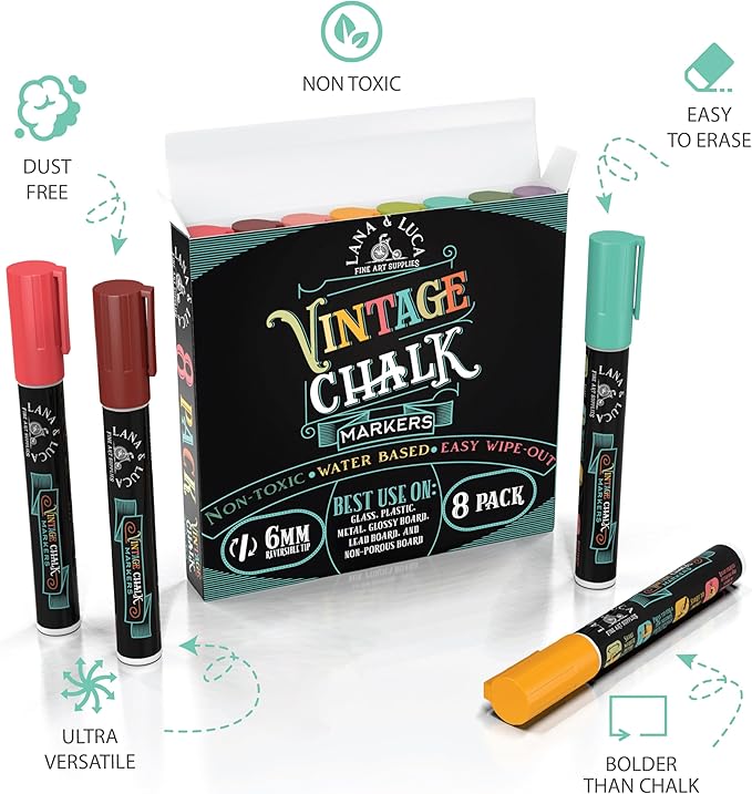 LANA & LUCA Liquid Chalk Markers for Blackboards - Wet Erase Marker Pens - Chalk Markers for Chalkboards Signs, Windows, Blackboard, Glass - 6mm Reversible Tip (8 Pack) - Vintage Colors Multicolor