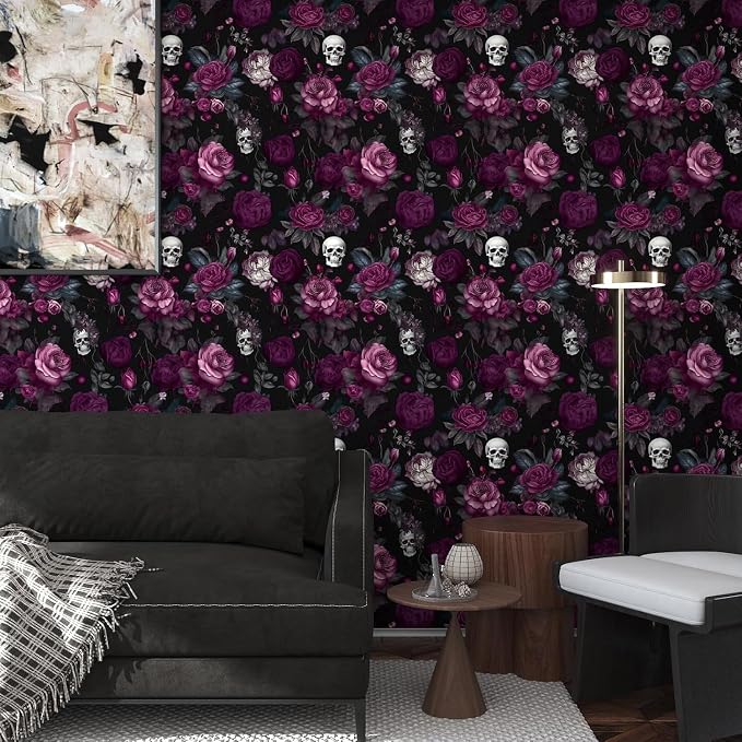 ILHIIOR Black Floral Gothic Peel and Stick Wallpaper 17.5 x 78 Inches | Leaf Removable Self Adhesive Waterproof Contact Paper, Renter Friendly Decor for Cabinets, Drawers & Bedroom Walls