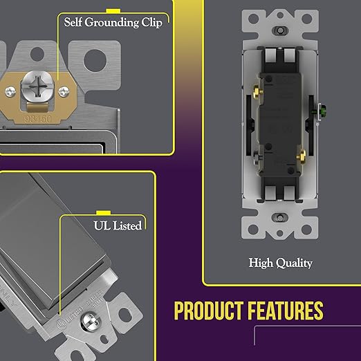 ENERLITES Elite Series Decorator Switch, Paddle Rocker Light Switch, 3-Way or Single Pole, 3 Wire, Grounding Screw, Residential Grade, 15A 120V, UL listed, 93150-SG, Space Gray
