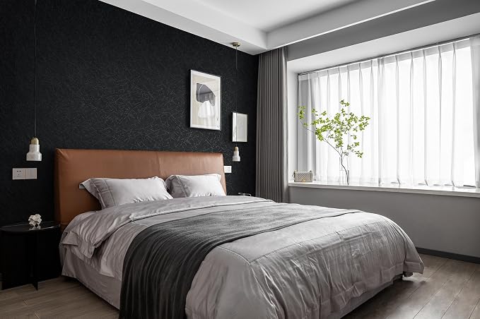 Safiyya 17.3 inch X 590 inch Wallpaper Black Silk Textured Wallpaper Peel and Stick Modern Solid Color Wall Paper Removable Contact Paper for Bedroom Vinyl Rolls