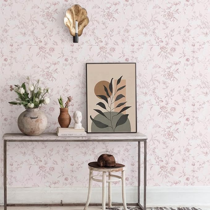Ismoon Floral Peel and Stick Wallpaper Pink Stick on Wall Paper Vintage French Contact Paper for Cabinet Textured Removable Self Adhesive Wallpaper Vinyl Roll Shelf Deco, 17.3x196in