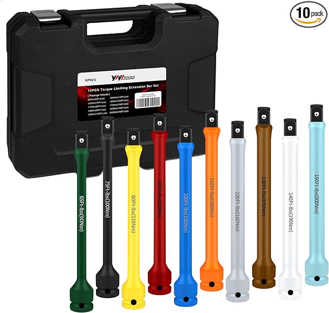 YIYITOOLS 10Pcs 1/2" Drive Torque Limiting Extension Bar Set, 8" Long Torque Sticks (65-150 Ft-Lbs), Impact Socket Extensions with Storage Case, Color-Coded, for Lug Nuts, Tire Repair