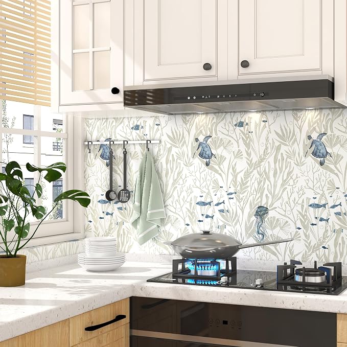 tiltil Coastal Peel and Stick Wallpaper Beige Contact Paper 17.3"×393" | Beach Self-Adhesive Wallpaper Removable Countertop Wall Paper Blue Ocean Wallpaper for Bathroom Waterproof Decor Vinyl Roll