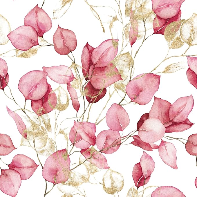 Livelynine Pink White Gold Wallpaper Peel and Stick Contact Paper Botanical | Pink White and Gold Wallpaper Adhesive Contact Paper Removable Modern Botanical Nature Inspired Eucalyptus Leaf 17.5x78.8"