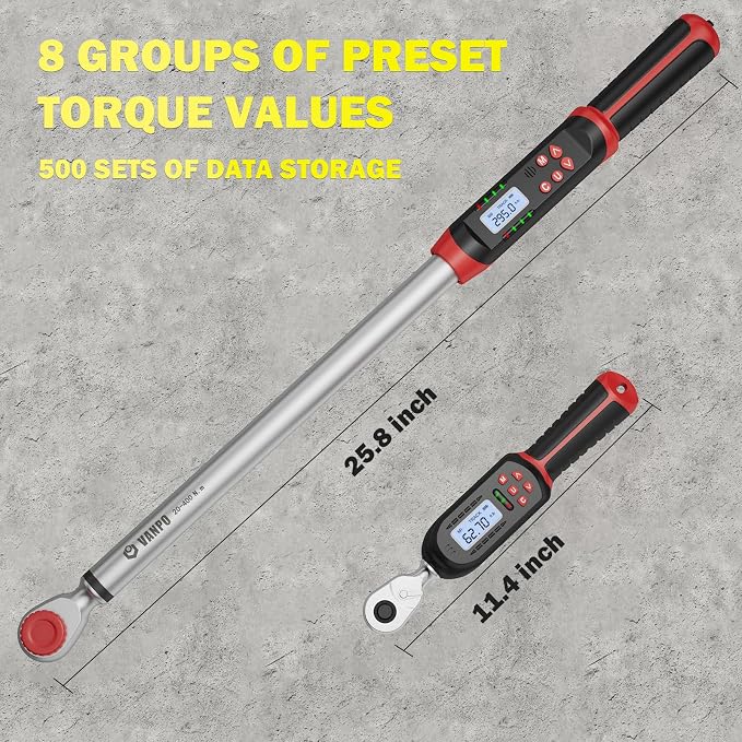 VANPO 3/8" & 1/2" Digital Torque Wrench Set, 3.1-62.7Ft.lb+14.7-295Ft.lb | 4.2-85Nm+20-400Nm, ±2% Accuracy, Preset Value, Buzzer & LED Indicator, Data Storage, for Car, Motorcycle, Truck, RV & Towing
