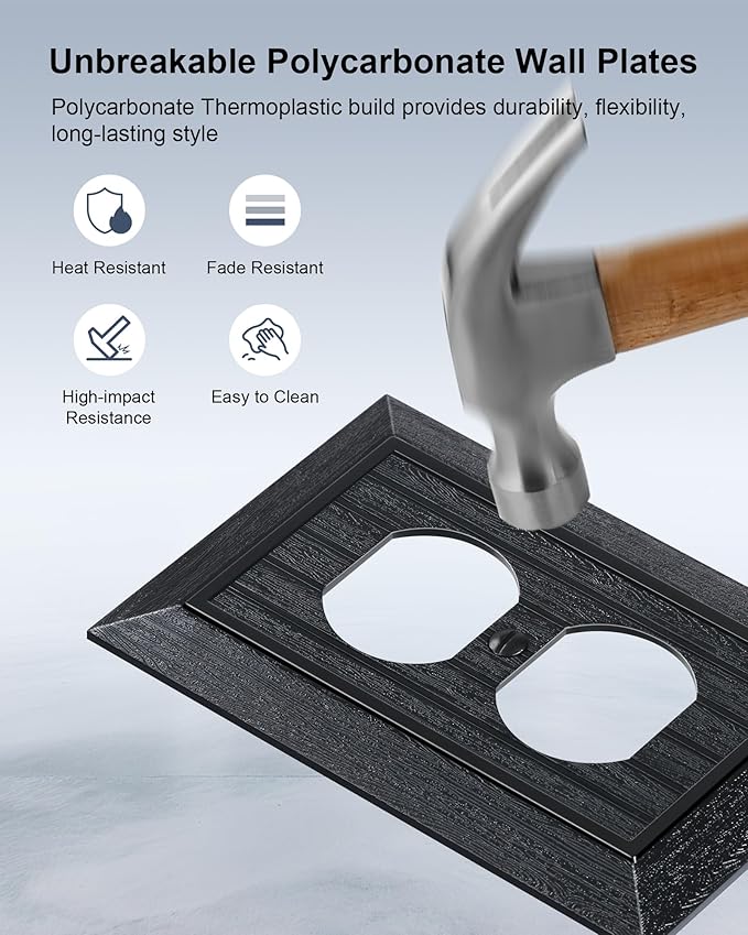 4-Pack Classic Beadboard Duplex Outlet Cover Plate, Decorative Unbreakable Polycarbonate Switch Plates and Outlet Covers, Matte Black Wall Plates for Electrical Outlets, 1 Gang Receptacle Cover