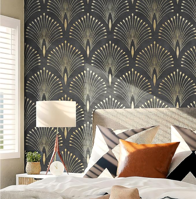 Livelynine 17.5x591 Dark Art Deco Wallpaper Black and Gold Abstract Wallpaper Peel and Stick Removable Peacock Feather Contact Paper Vinyl Luxury Metallic Geometric Modern Accent Wall Decoration
