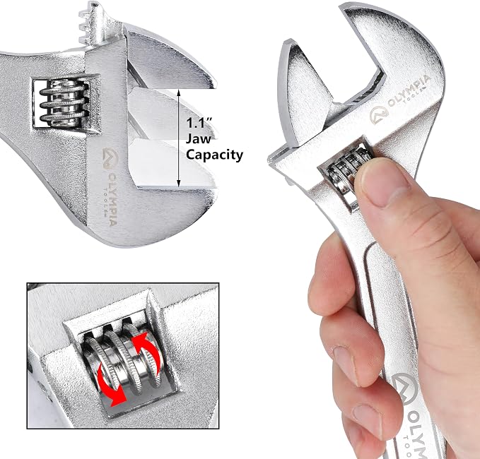 Olympia Tools 10" Adjustable Wrench, Heavy Duty Drop Forged Steel, Chrome Plated, Precision Machined Jaws, Rust Resistant