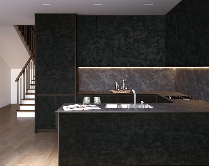 Yasinet Peel and Stick Wallpaper Black Removable Wallpaper Modern Black Contact Paper Dark Thicken Self Adhesive Textured Wall Paper for Cabinets Badroom Waterproof Vinyl 196.8"x 15.7"