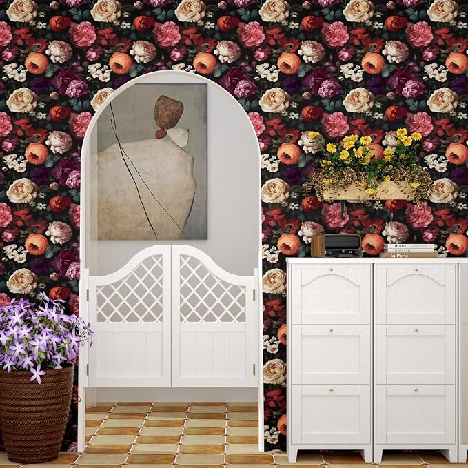 Fvlow Colorful Flower Dark Floral Peel and Stick Wallpaper 17.4" x 118" | Renter Friendly, Removable & Waterproof, Vinyl Easy Install for Bedrooms, Bathrooms, Kitchens, Cabinets and Home Decor