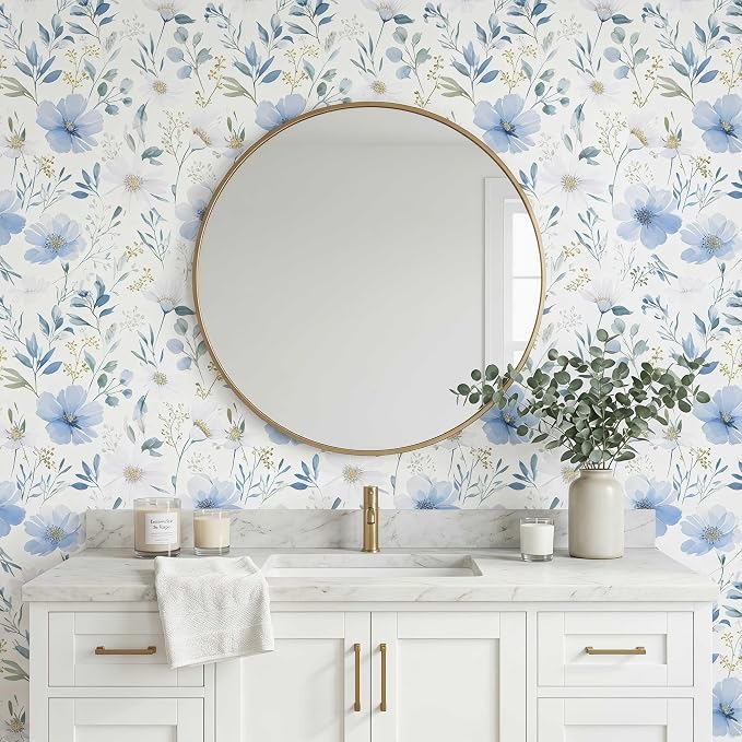 Light Blue Floral Peel and Stick Wallpaper, 17.7in x 70.8in | Self-adhesive and removable watercolor flower design for bedroom, living room, and accent wall