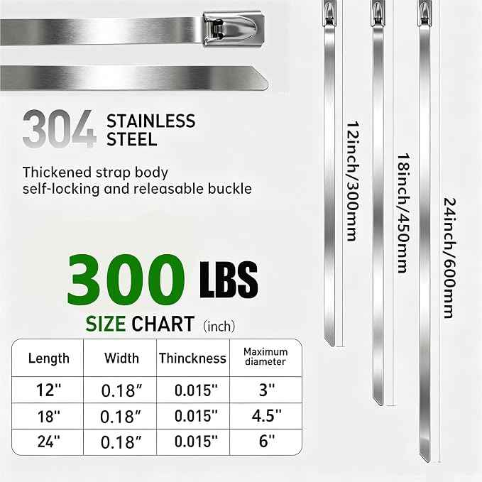 MasiStran Metal Zip Ties 50 Pack 18 Inch, 304 Stainless Steel 300LBS Heavy Duty Zip Ties - Self-Locking Cable Ties for Exhaust Wrap，Chain Link Fence Parts, Outdoor Farms,Pipes