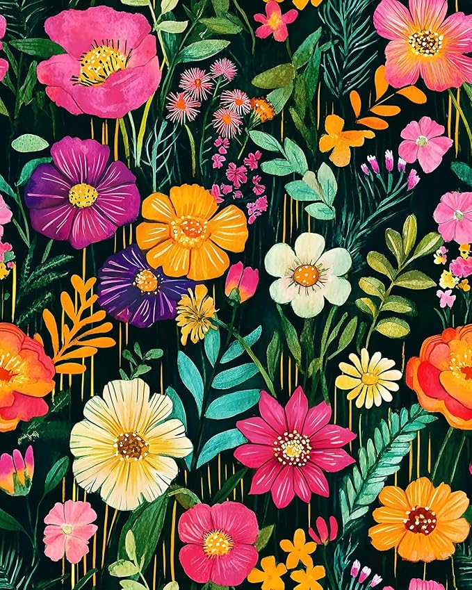 BOKEBEVE Floral Wallpaper Peel and Stick Boho Green Colorful 17.5 x 393.5In | Extra Long Removable Renter Friendly Funky Watercolor Wall Paper for Bedroom Bathroom Living Room Feature Accent Wall