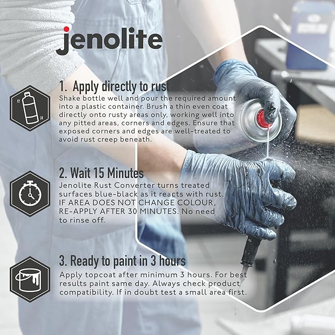 JENOLITE Rust Converter for Metal 500 ml (16.9 fl oz) All In One Fast‑Acting Water‑Based Rust Reformer, Primer & Inhibitor in One. Converts Rust to a Paint‑Ready Surface. Made in Britain