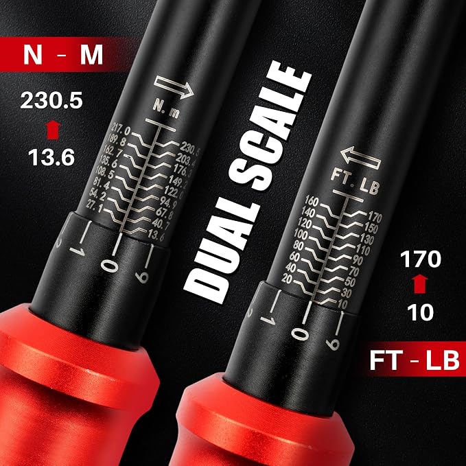 1/2 Inch Drive Torque Wrench Set 10-170 Ft-Lb for Lug Nut Car Moto | Click Inch Pound Torque Socket Set(13.6-230.5Nm),72T Dual Direction 3% Precision, Adjustable Wrench for Bicycle Tire DIY