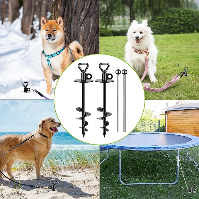 SELEWARE Dog Tie Out Stake Outdoor Dog Ground Anchor Free Swivel Dog Anchor | 2Pcs 15" Anti-Rust Heavy Duty Dog Stake for Large Dogs up to 220 lbs, Easy Install with Twist Rod for Yard, Camping Outside
