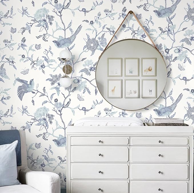 Timeet Peel and Stick Wallpaper Vintage Floral Contact Paper Blue and White Birds Wallpaper Removable Self Adhesive Flower Wall Paper for Bedroom Living Room 16.14"x393.7"