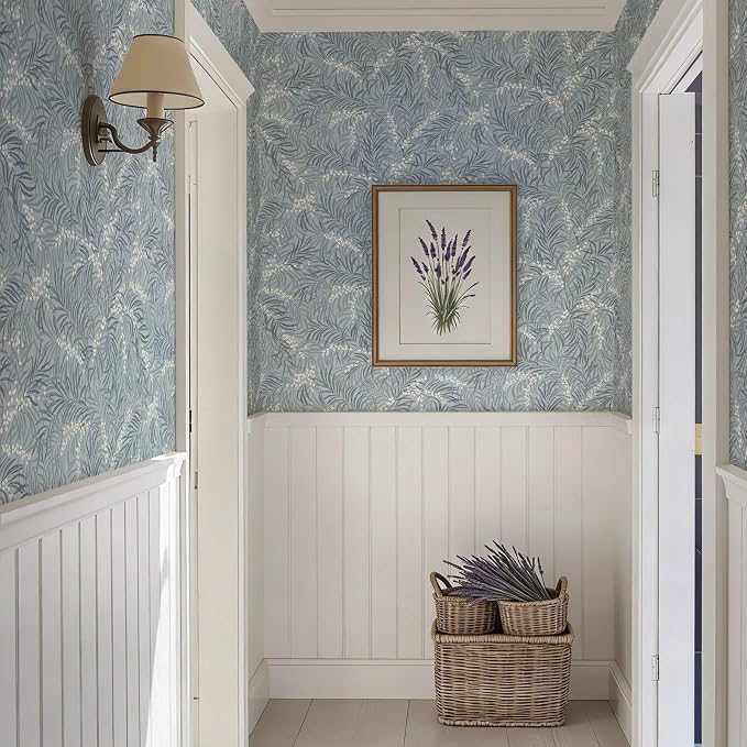 Ismoon Vintage Wallpaper Peel and Stick Dusty Blue Botanical Wallpaper 17.3in x6.56ft Leaf Removable Waterproof Blue/White Contact Paper for Bedroom Kitchen Renter Friendly Wall Decor Vinyl