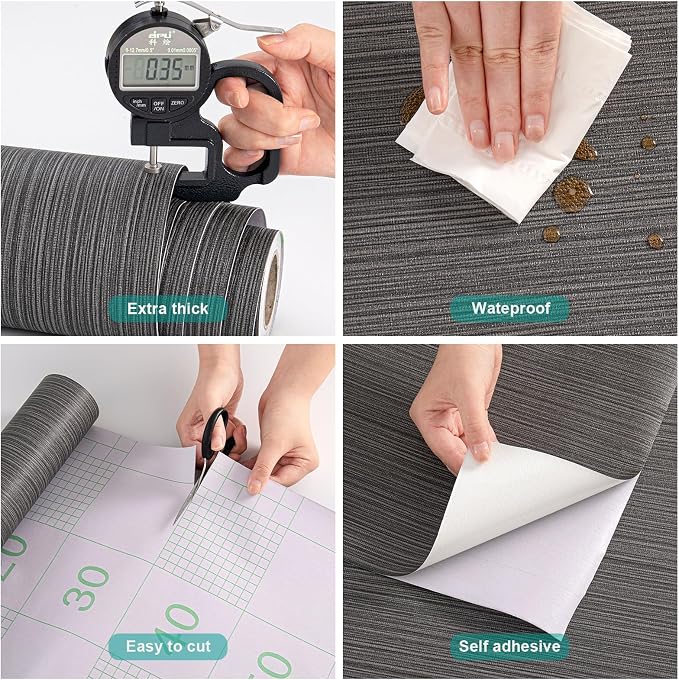 Black Grasscloth Peel and Stick Wallpaper Linen Textured 23.6"x787" Faux Grassweave Upgraded Thick Extra Large Self-Adhesive Neutral Contact Paper Vinyl Roll for Home Use