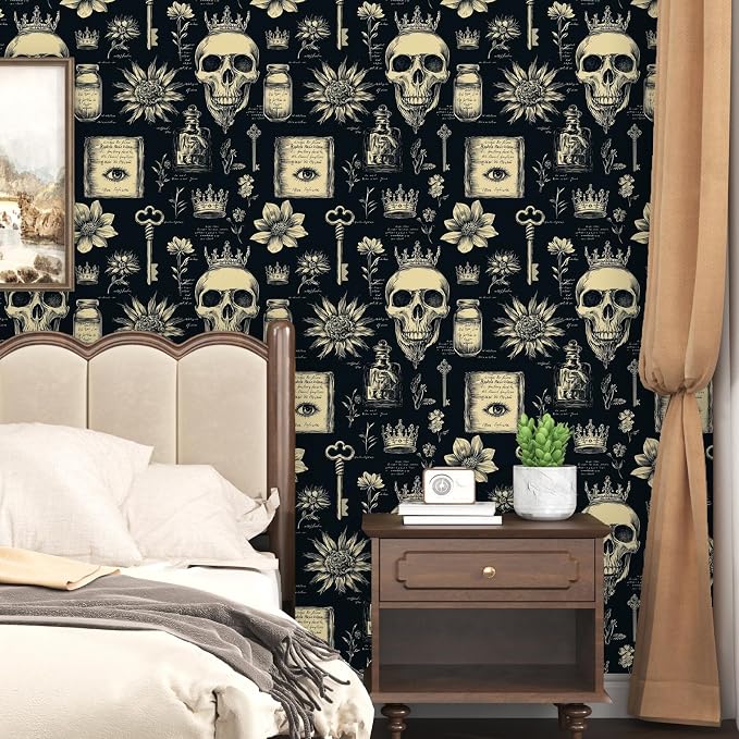 Gothic Black Beige Skull Floral Wallpaper Peel and Stick 17.5"x118" | Self Adhesive/Removable/Waterproof/Thick Vinyl Vintage Contact Paper for Bathroom Bedroom Shelf Cabinet Drawer,Prepasted