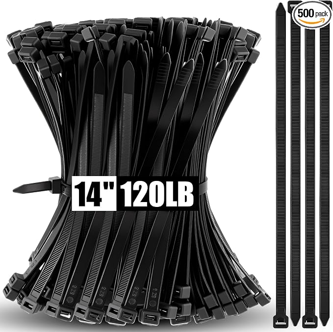 Reallnaive 500 Pcs 14 Inch Zip Ties Heavy Duty 120 Lbs Tensile Strength Black Nylon Wire Cable Ties Bulk for Indoor Outdoor