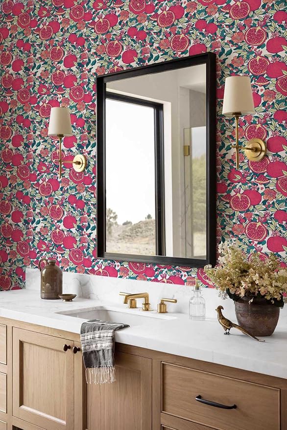 Floral Wallpaper Vintage Red Peel and Stick Wallpaper Self Adhesive Removable Wallpaper for Bedroom Cabinet Decorative Contact Paper, 17.3" x 393.7"