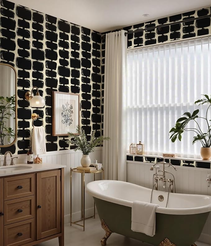 Safiyya 17.3"x197" Peel and Stick Wallpaper Black and Cream White Contact Paper Mid Century Modern Abstract Geometric Wall Paper Self Adhesive Removable Wallpaper for Bathroom and Bedroom Vinyl