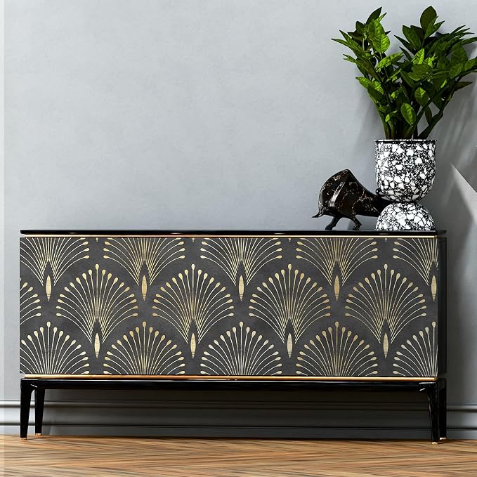 Livelynine 17.5x591 Dark Art Deco Wallpaper Black and Gold Abstract Wallpaper Peel and Stick Removable Peacock Feather Contact Paper Vinyl Luxury Metallic Geometric Modern Accent Wall Decoration