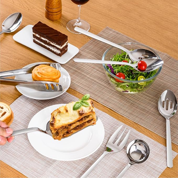 5 piece Large Hostess Serving Utensils Set,18/10 Stainless Steel | Heavy Duty 10-inch Serving Spoons, Slotted Spoons, Serving Fork, Serving Tongs, Cake Pie Server for Buffet, Wedding, Parties